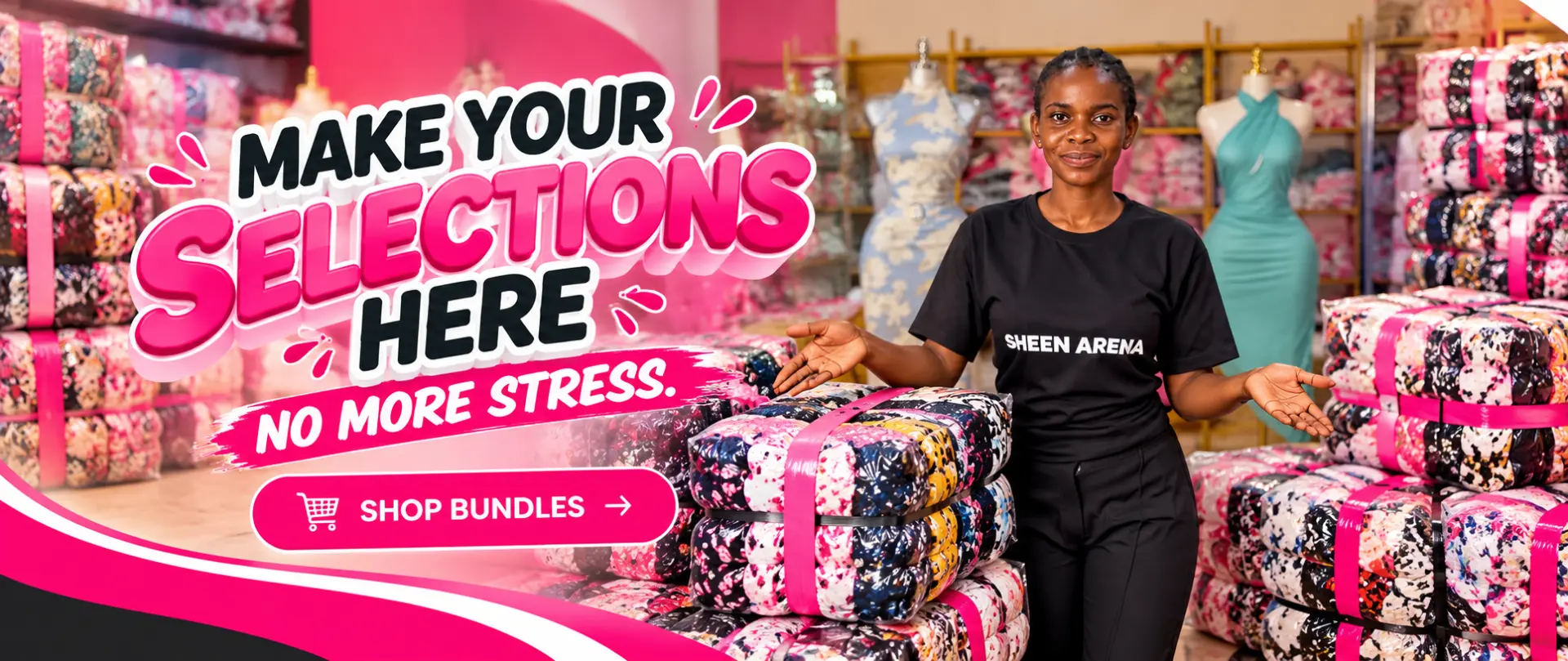 Make your selections here — smiling shop assistant in a Sheen Arena shirt gesturing toward stacks of strapped clothing bundles in the wholesale stockroom