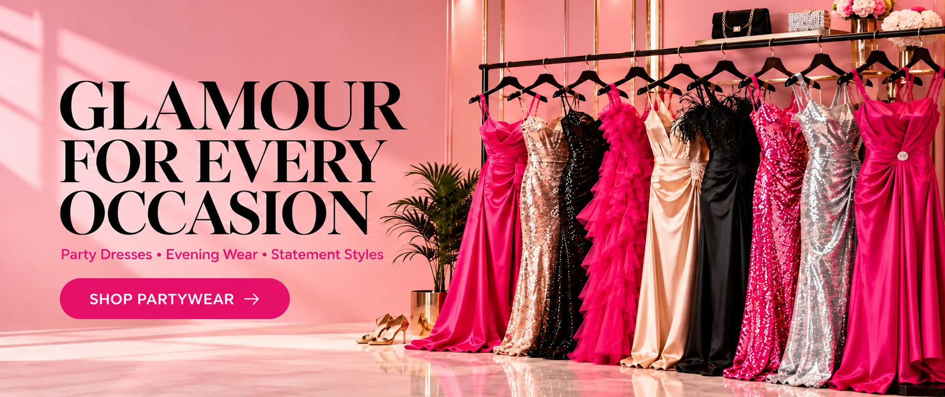 Glamour for every occasion — rack of pink, silver and black party and evening dresses against a soft pink wall, with gold heels and handbags